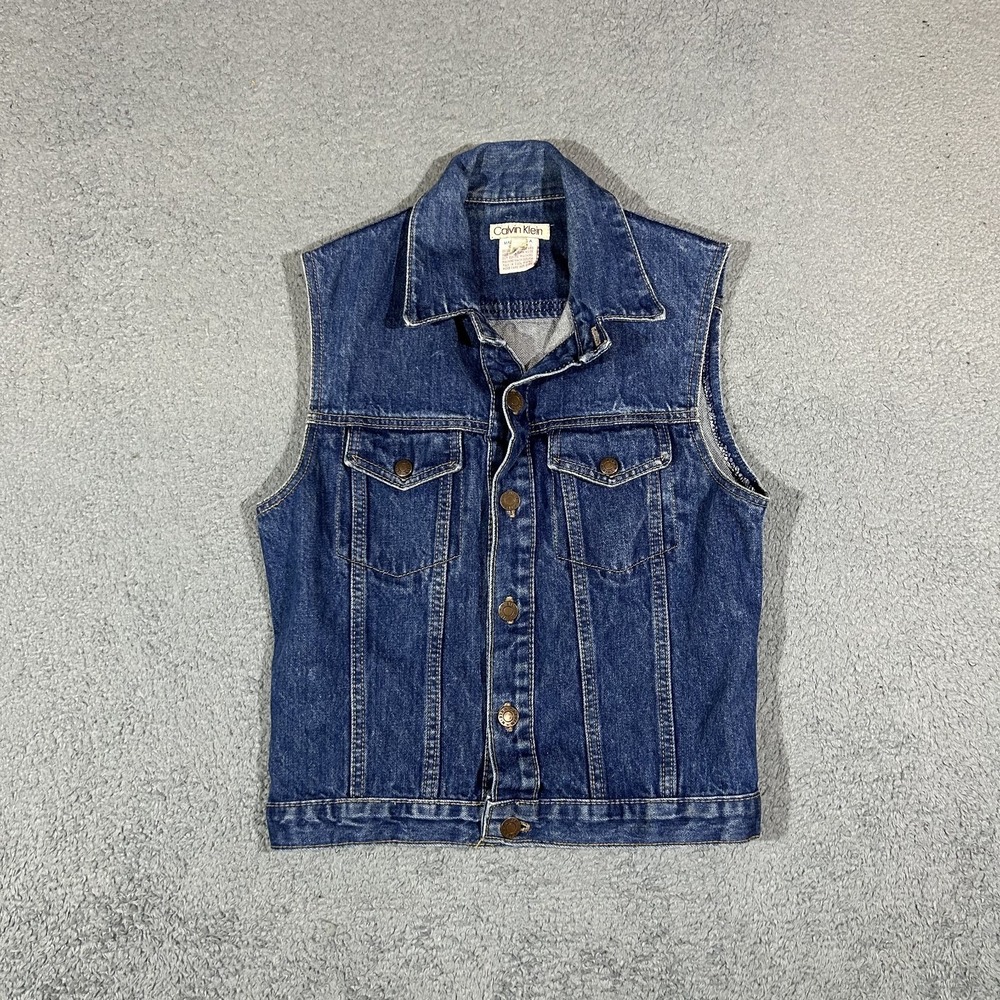 Vtg Calvin Klein Jeans Blue Denim Button Vest Collared Pockets Women Size14 3927